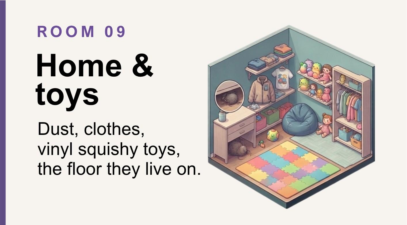 Home and toys: dust, clothes, vinyl squishy toys, the floor they live on.